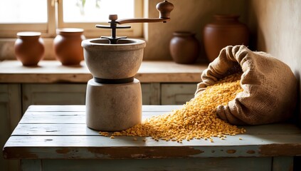 Traditional Stone Flour Grinder in Rustic Kitchen