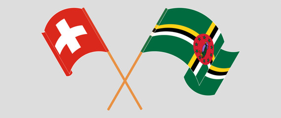 Crossed and waving flags of Switzerland and Dominica. Vector illustration
