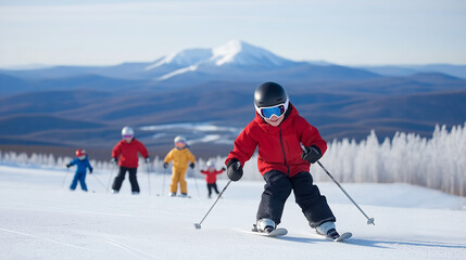 A group of children skiing down a snowy mountain slope, dressed in colorful winter gear, with a majestic mountain range in the background under a clear sky.