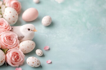 Obraz premium Two white doves among pastel roses and decorative eggs in a soft spring setting