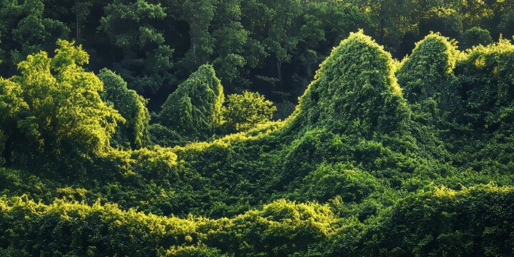 Kudzu vines create a striking visual in the landscape, showcasing the unique beauty of nature. The presence of kudzu vines enhances the overall charm of the landscape.