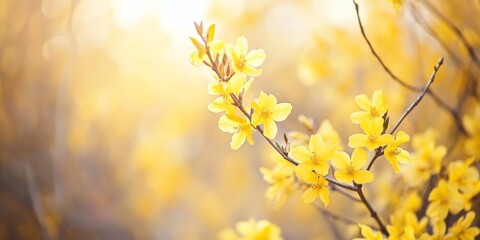 Obraz premium Blooming forsythia bush in vibrant yellow during spring, showcasing the natural beauty of spring nature with its striking blooms and lively colors in a serene, blurred background.