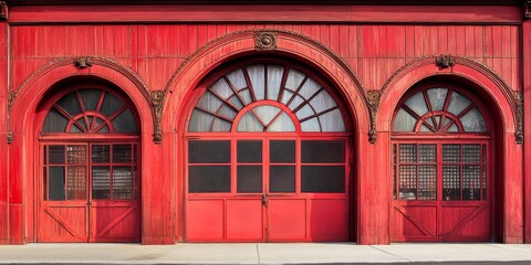 Obraz premium A red wooden portal designed for multiple vehicles, showcasing the unique architecture of an old fire station, complete with an arch and windows featuring intricate metal decorations.
