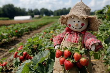 A cheerful scarecrow stands among ripe strawberries in a sunny field, embodying the spirit of harvest and rural life.