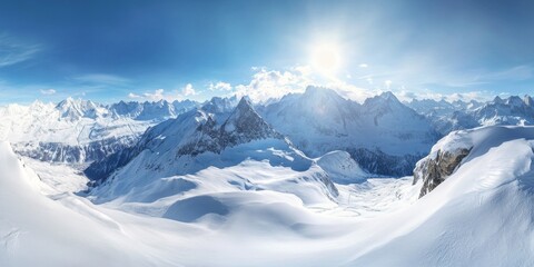 Obraz premium Stunning panoramic landscape featuring snow covered mountains in the Alps. This winter scene captures the breathtaking beauty of the blue sky over the majestic landscape of mountains and snow.