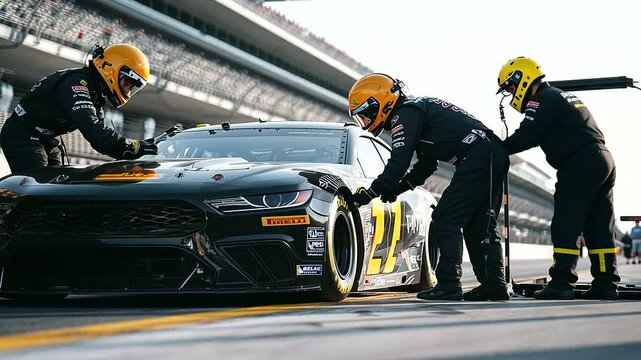 Pit Crew Members Performing Tire Change on Race Car