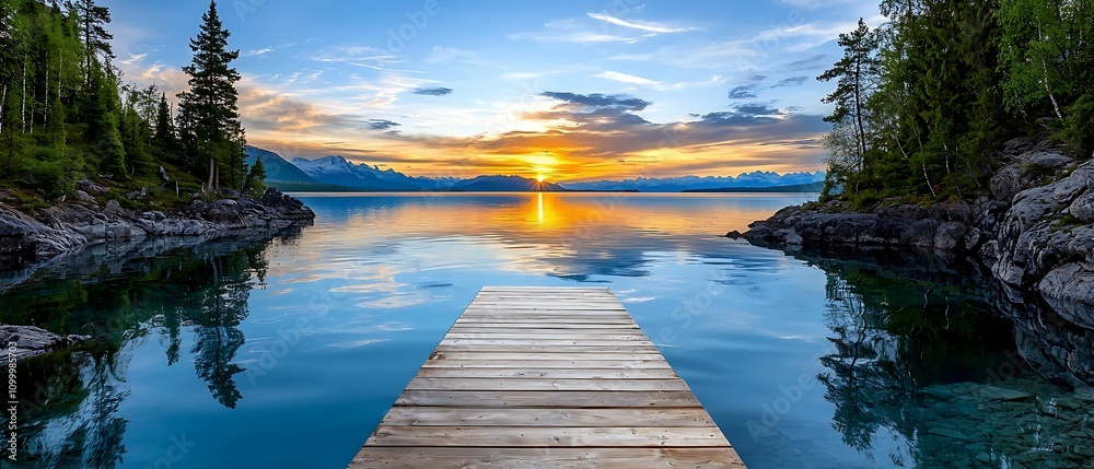 Wall mural a serene lake at sunset with a wooden dock extending into calm waters and surrounded by lush greener
