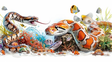 Snakes fishing with animated fish and sea creatures