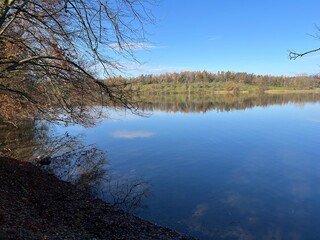 Late autumn atmosphere on the Swiss Katzenseen lakes or Katzensee lakes (Katzen lakes), Regensdorf - Lenzerheide - Canton of Zurich (Z&uuml;rich or Zuerich), Switzerland (Schweiz)