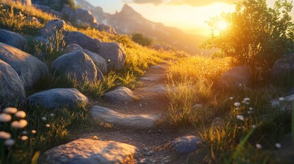 Naklejka premium A scenic mountain trail with rocks and grass, bathed in warm sunset light. The golden glow of the setting sun highlights the serene beauty of the landscape.