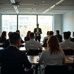 Fototapeta premium Business Seminar with Diverse Audience in a Sunlit, Modern Conference Room