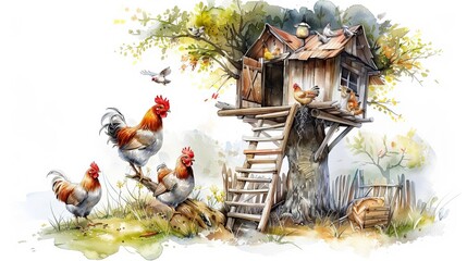 Chickens designing a treehouse