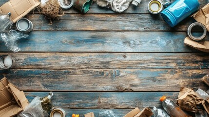 Recycled materials frame on rustic wood.