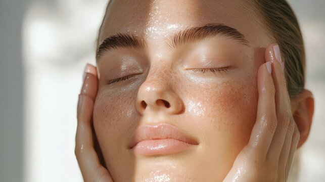 Model applying hydrating serum to glowing skin with radiant effect, showing healthy moisture, Cosmetics, Skincare ritual