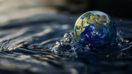 A globe planet earth model in a water drop, Water day