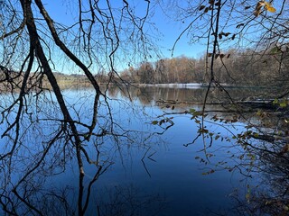 Late autumn atmosphere on the Swiss Katzenseen lakes or Katzensee lakes (Katzen lakes), Regensdorf - Lenzerheide - Canton of Zurich (Z&uuml;rich or Zuerich), Switzerland (Schweiz)