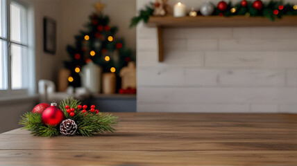 Kitchen blurred background with an empty wooden table or counter, Christmas decorations, and lights, selective focus, for product presentation.