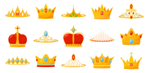 Golden royal crowns and tiaras. Cartoon king diadems. Queen headwear. Prince head wear with gemstones. Precious symbols of power. Coronation jewelry. Monarchic elements. Recent vector set © VectorBum