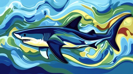 Abstract stylized great white shark swimming in vibrant ocean waves.