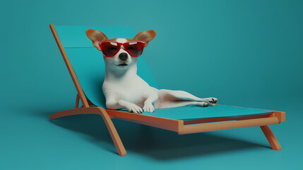 Dog in retro sunglasses, resting on a pool lounger, laid-back vibe, 3d illustration. Popart. Illustration