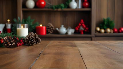 Kitchen blurred background with an empty wooden table or counter, Christmas decorations, and lights, selective focus, for product presentation.