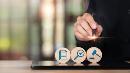 Businessman showing online document validation icon, Concepts of practices and policies, company...