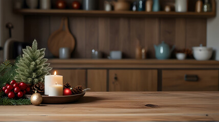 Kitchen blurred background with an empty wooden table or counter, Christmas decorations, and lights, selective focus, for product presentation.