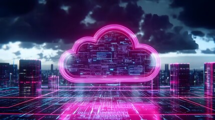 Futuristic Cloud Computing: A vibrant neon cloud hovers over a digital cityscape, symbolizing data storage and connectivity.