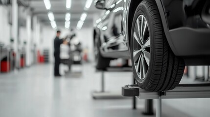 Blurred image of a car repair shop with a car on a hydraulic lift and a mechanic working on it. Blurred minimalistic background