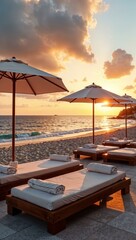 Fototapeta premium Oceanfront hotel, luxury sun loungers and beach umbrellas, sunset view over the sea, holiday, vacation, trip to the sea or ocean, all inclusive 