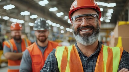 Diverse group of industrial workers standing together in a factory, wearing safety gear and smiling with teamwork pride, high resolution photo with rich details and sharp focus,