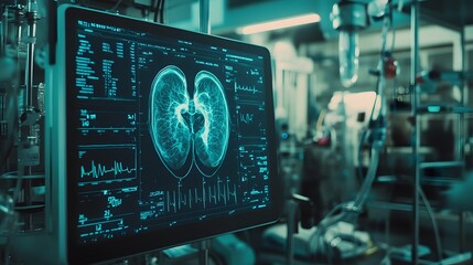 Fototapeta premium Futuristic medical monitor displays vibrant lung scan; teal hues illuminate vital signs, heart rate, and other data in a high-tech hospital setting.