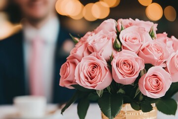 Obraz premium A beautiful arrangement of pink roses in a golden vase, set against a softly blurred background, creating a romantic atmosphere.