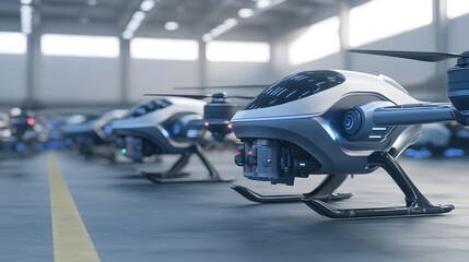 Futuristic warehouse: A fleet of sleek drones awaits deployment.  High-tech logistics redefined!