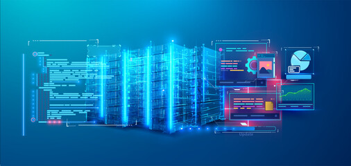 High-tech visualization of a data server or cloud datacenter in glowing blue hues with interactive futuristic interface elements showing graphs, charts, and coding on a clean gradient background.
