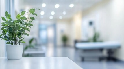 blurred clinic background with office plants, clean light image, focus on foreground surface
