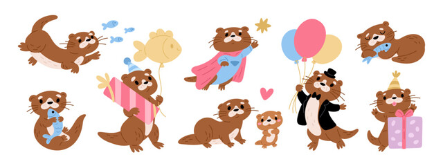 Obraz premium Cute river otters. Kawaii water animals. Fauna characters swim with fish. Mammals give holiday gifts. Funny marine creatures. Kawaii mascot sleeping. Birthday party. Garish vector set