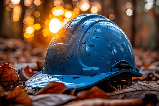 Autumn Construction Theme with Blue Hard Hat in Golden Leafy Forest Setting