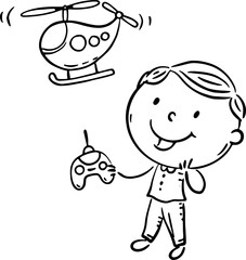 Outline cartoon boy playing with toy helicopter. Doodle kid using electronic devices, child and digital technology