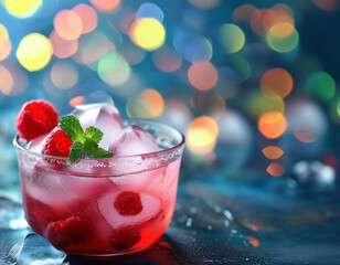 Ice-filled glass of raspberry juice topped with mint.