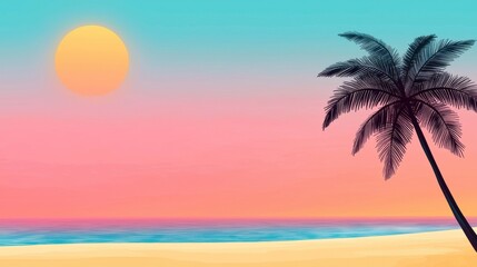 Obraz premium Stunning tropical sunset over the ocean with silhouetted palm tree on a serene beach landscape