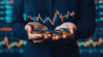 Hand holding coins with fluctuating currency exchange lines, finance and trading, 3D illustration