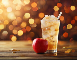 Iced tea with straw and an apple.