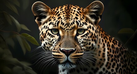 Obraz premium Leopard Peeking out of the Green Leaf Bushes, Wlidlife Animal Image, Predator Cat