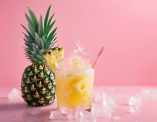 Pineapple and drink on a table.