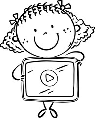 Cute cartoon girl holding a tablet. Outline doodle kid using gadget, children using electronic devices, digital technology