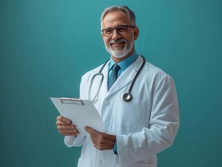 A handsome male doctor in a white coat in his fiftees, wearing a stethoscope and tie, is holding a medical chart and smiling, isolated on a clear background, in the style of a phot