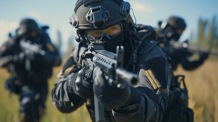 Fototapeta premium special forces unit in tactical gear advances through field, focused and ready for action. soldiers are equipped with advanced weaponry and communication devices, showcasing their readiness and
