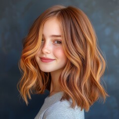 Naklejka premium A cheerful woman with red hair in a grey shirt is smiling