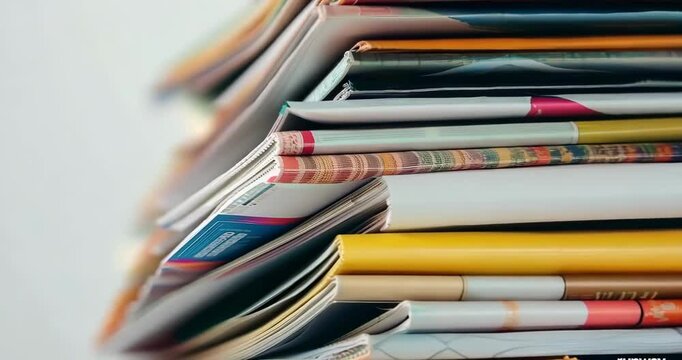 Stack of magazines on white background, 4K Video